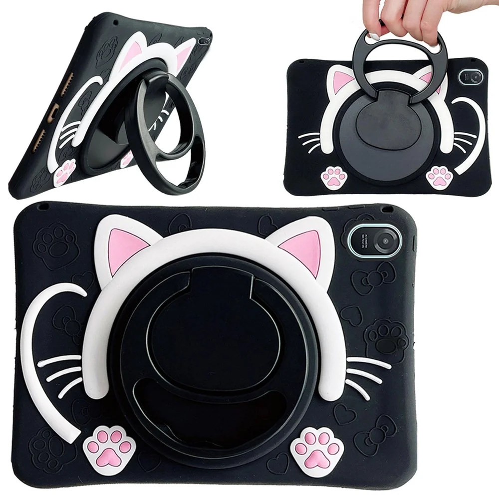 Cute Cat Tablet Case with Strap - Black and Pink